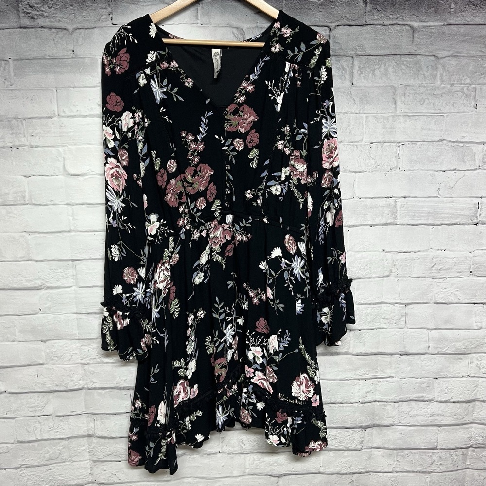 American Rag Dress XL Black Floral Bell Sleeve Embroidered Ruffle Boho Prairie